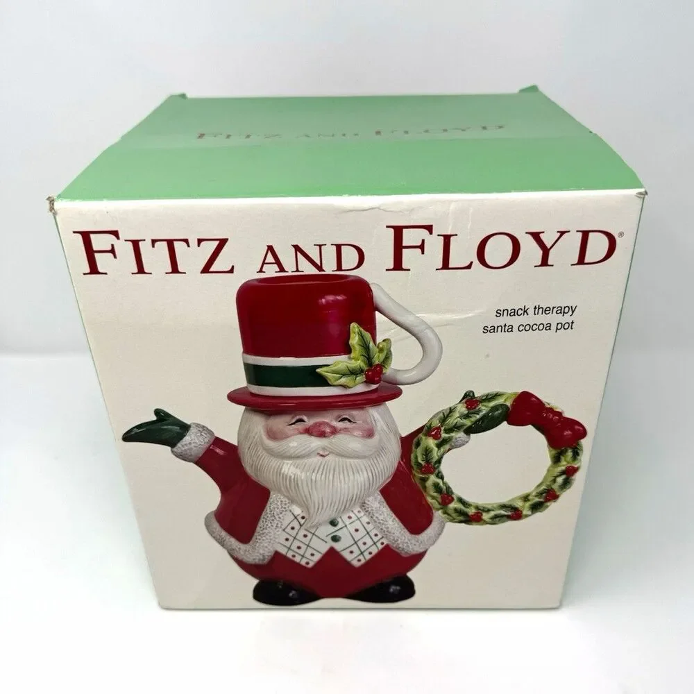 Fitz and Floyd Snack Therapy Santa Cocoa Pot, Ceramic Holly, Boxed